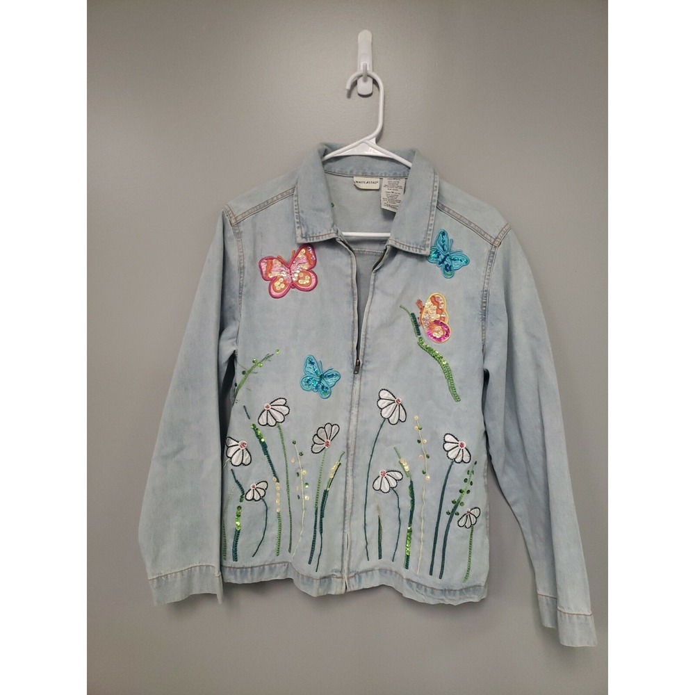 White Stag Butterfly Design Jean Jacket Denim Embroidered Flowers Ladies M